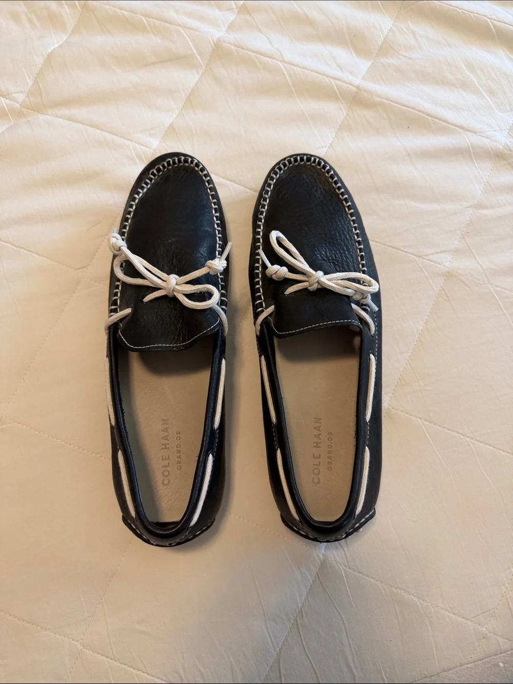 Cole Haan Black Leather Boat Shoes with White Laces
